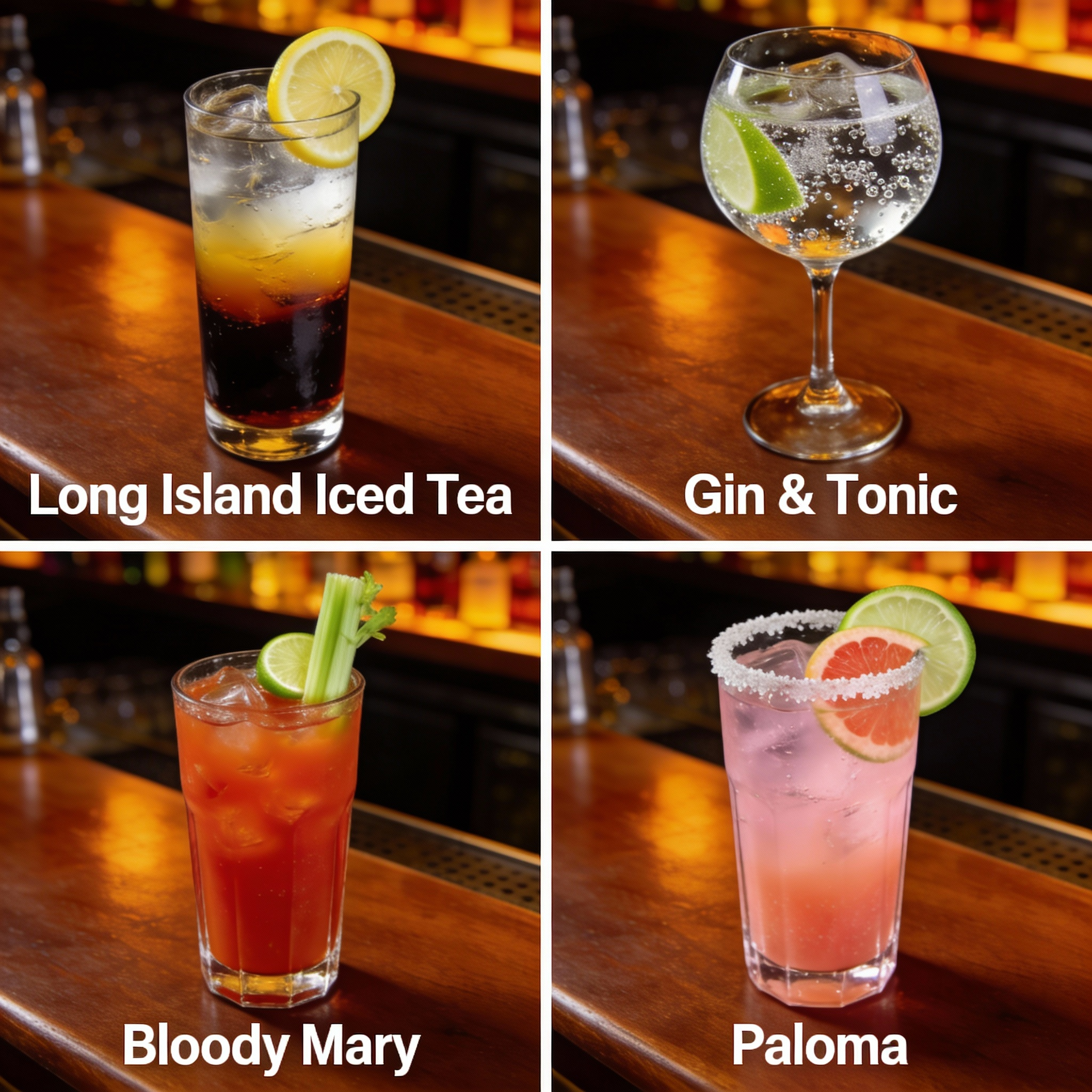 Long Island Iced Tea, Gin & Tonic, Bloody Mary, Paloma collage