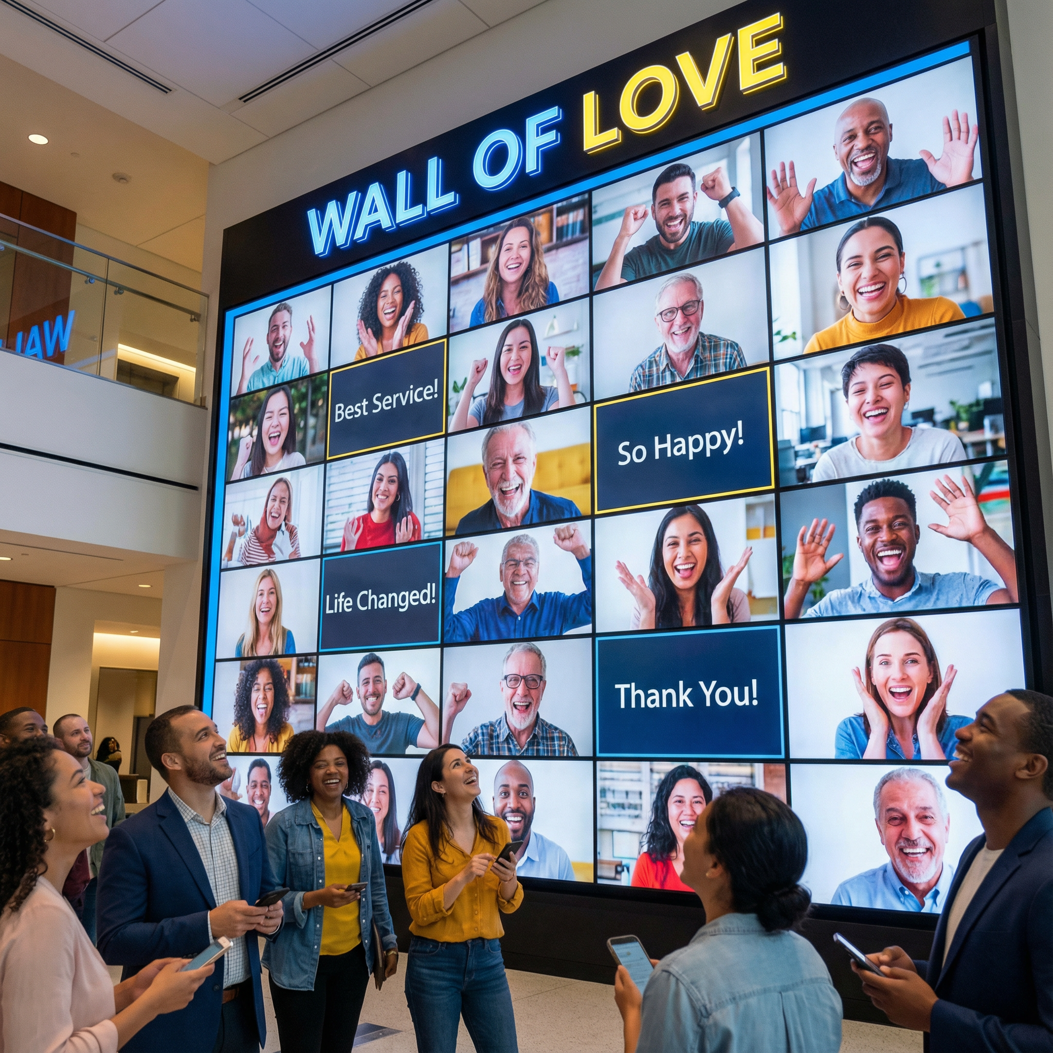 Large Wall of Love display with video testimonials