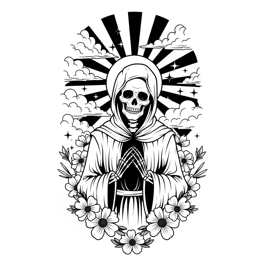 Black and White Death Tattoo Stencil - Symbolizing Happiness After Death