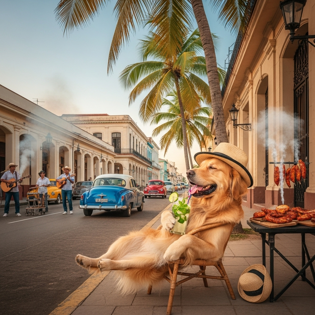 Golden Retriever Enjoying Virgin Mojito in Colonial Cuba