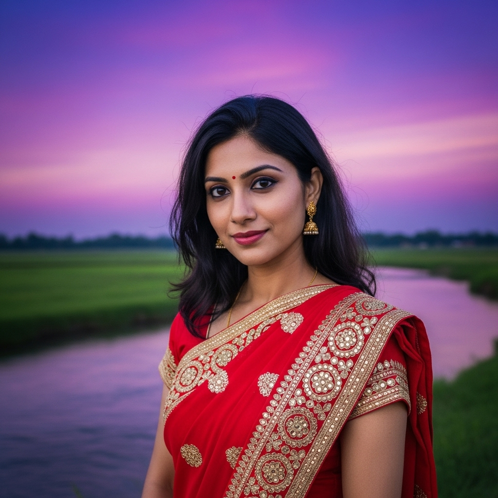 South Asian Woman in Red Sari with Golden Embroidery