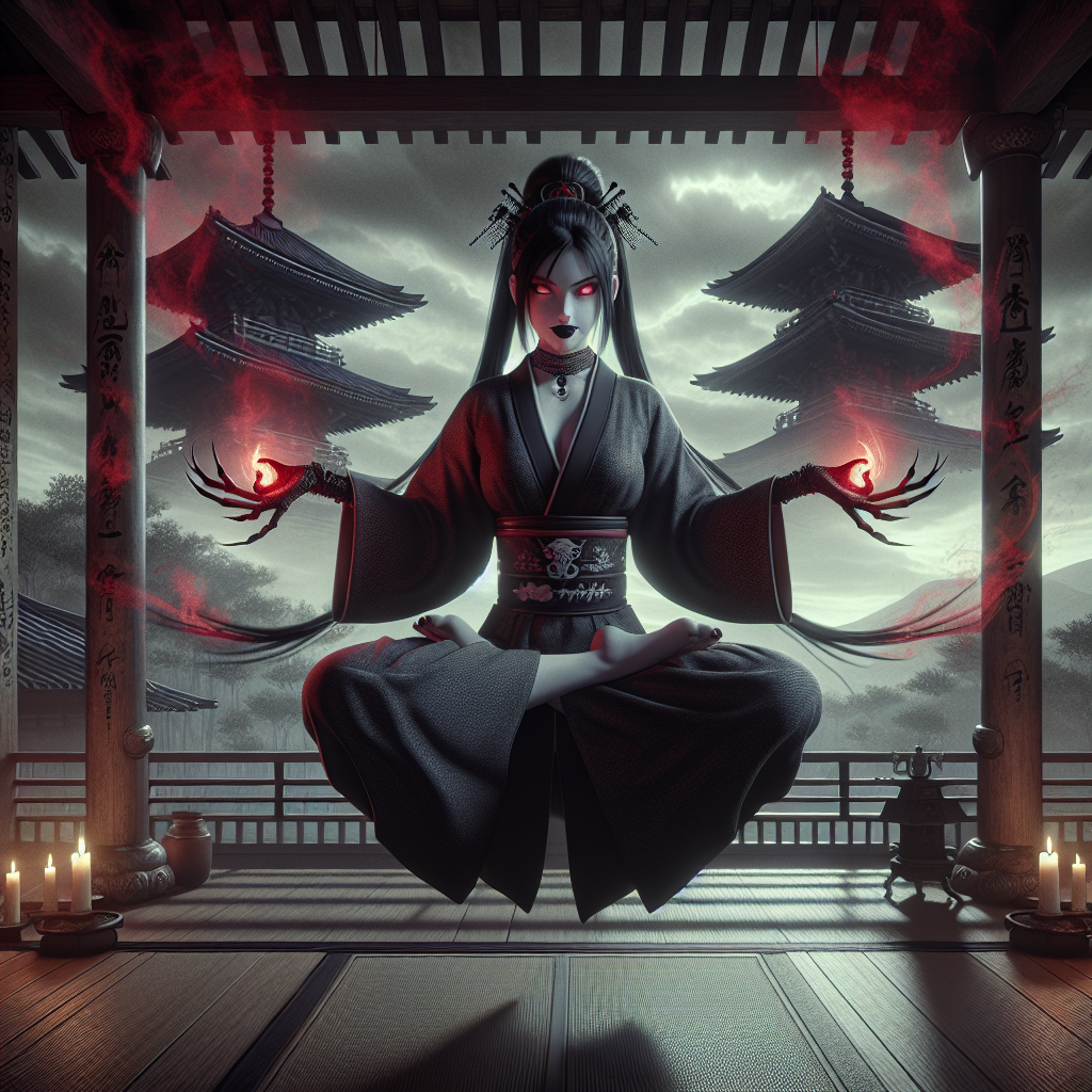 Powerful Cosmic Deity: Japanese Woman in Lotus Pose Levitating with Hellfire