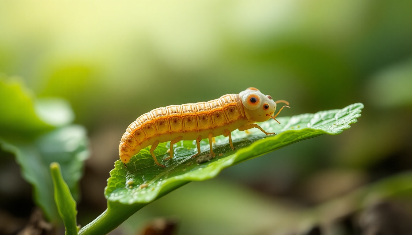 Larva Feeding on Green Leaf in Nature