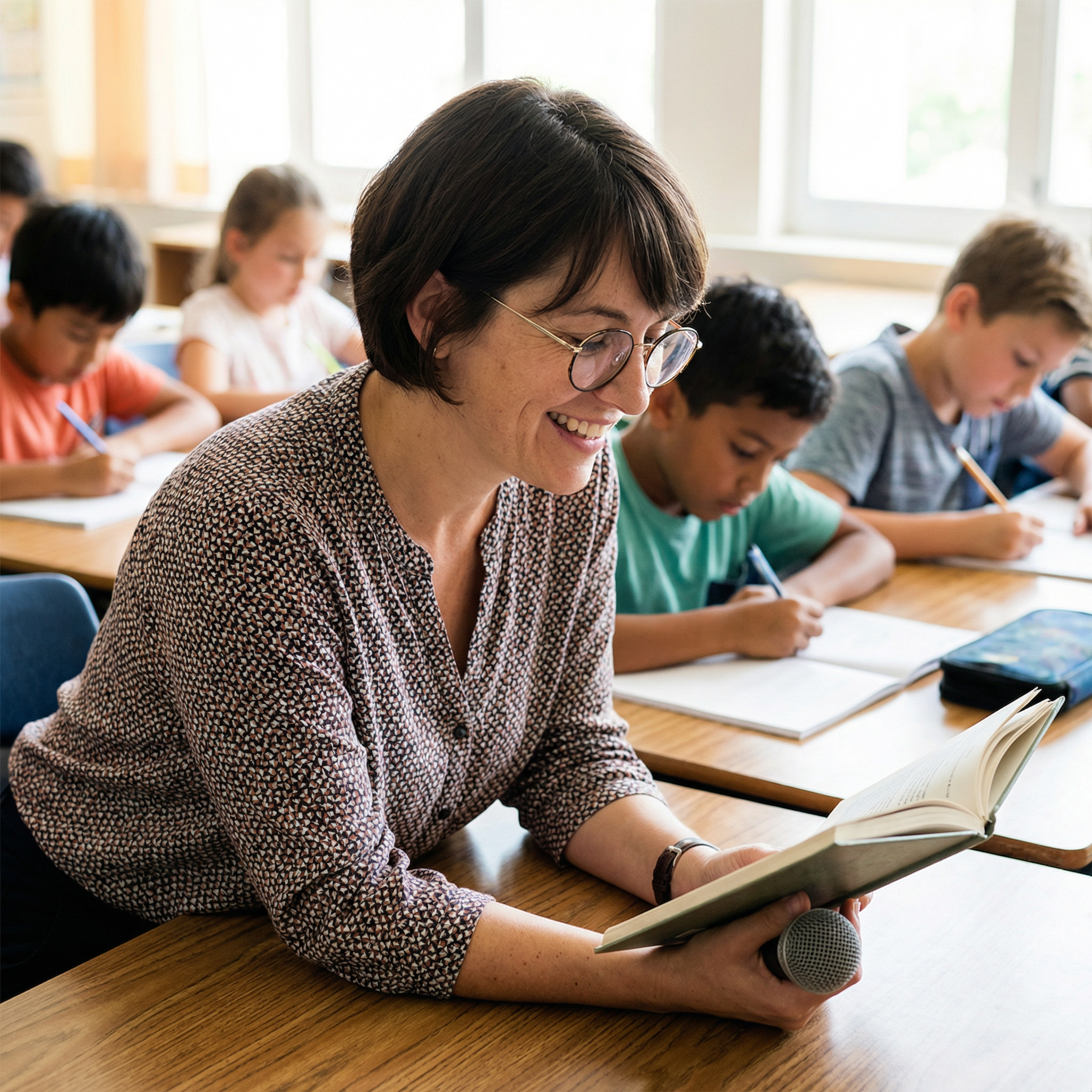Smiling Teacher with Glasses at Desk Smiling Teacher with Glasses at Desk