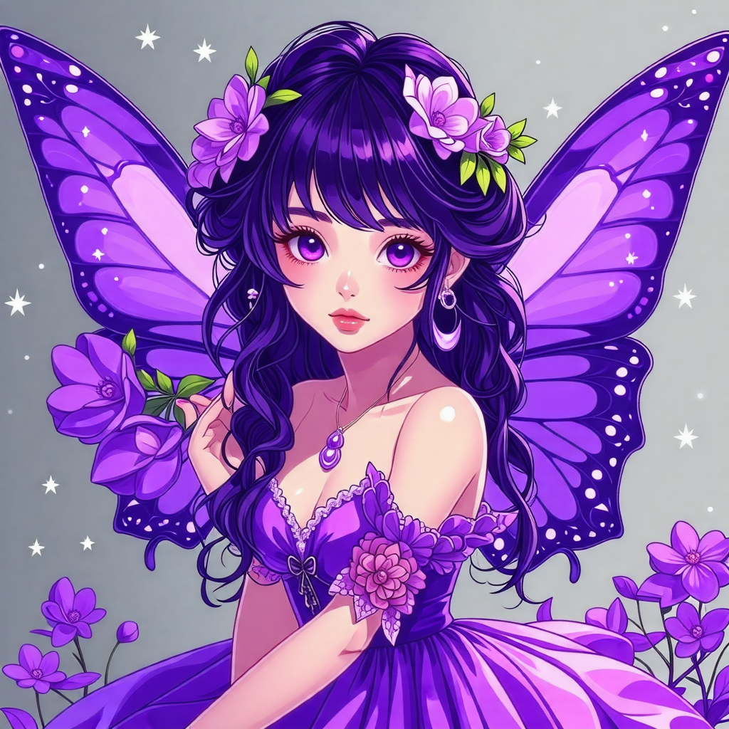 Purple Anime Fairy Girl in Floral Fashion