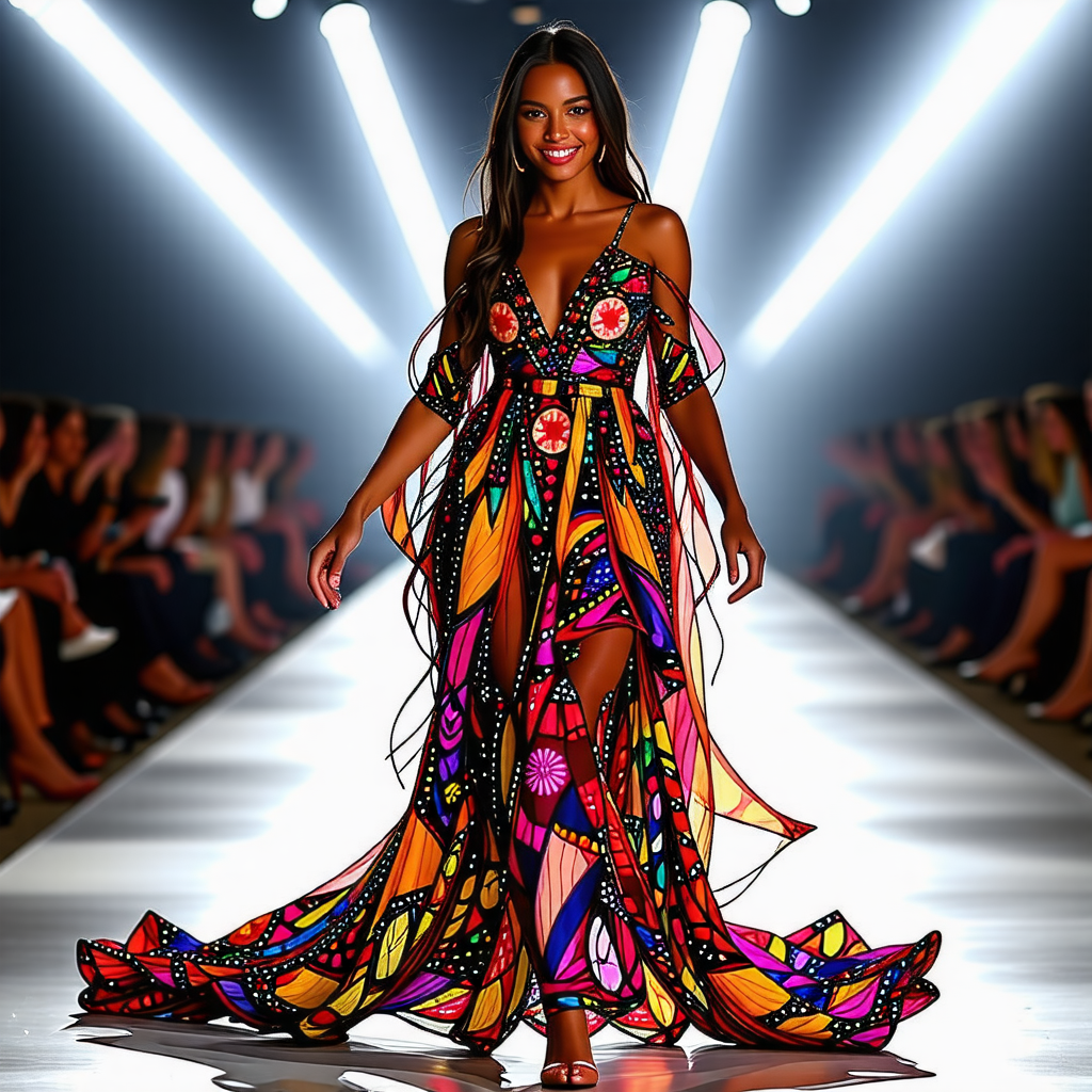 High Fashion Model on Runway: Vibrant Dress Showcase