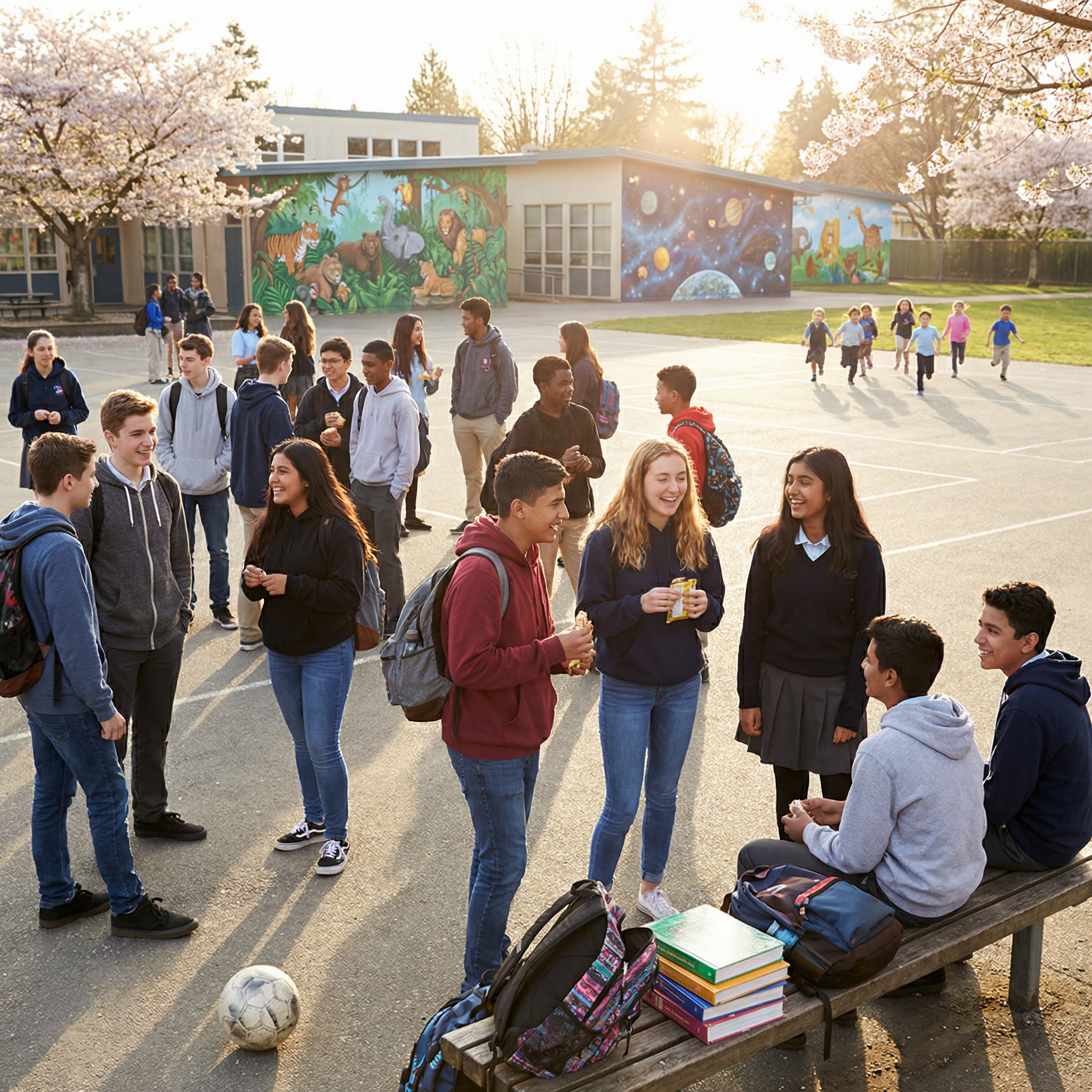 Vibrant School Break Scene with Diverse Students Vibrant School Break Scene with Diverse Students
