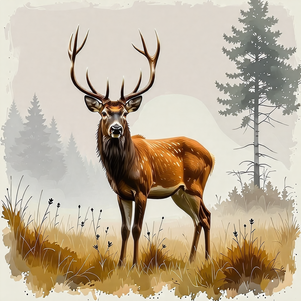 Majestic Stag in Misty Glade - Ethereal Landscape Art