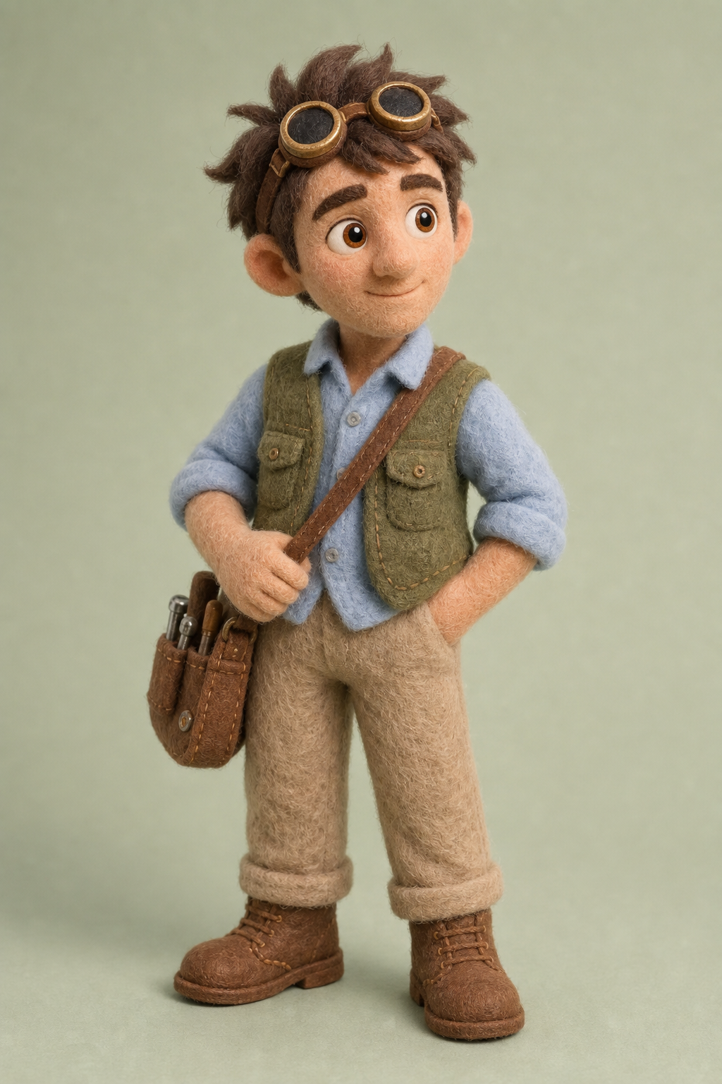 Single reference photo of Milo, a felted wool doll of a young inventor with goggles, a green vest and a tool satchel